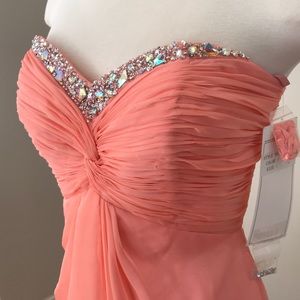 Val Stefani Peach Babydoll Strapless Gown